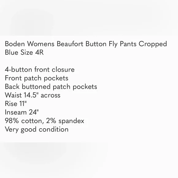 Boden Womens Beaufort Button Fly Pants Cropped Blue Size 4R - Picture 6 of 6